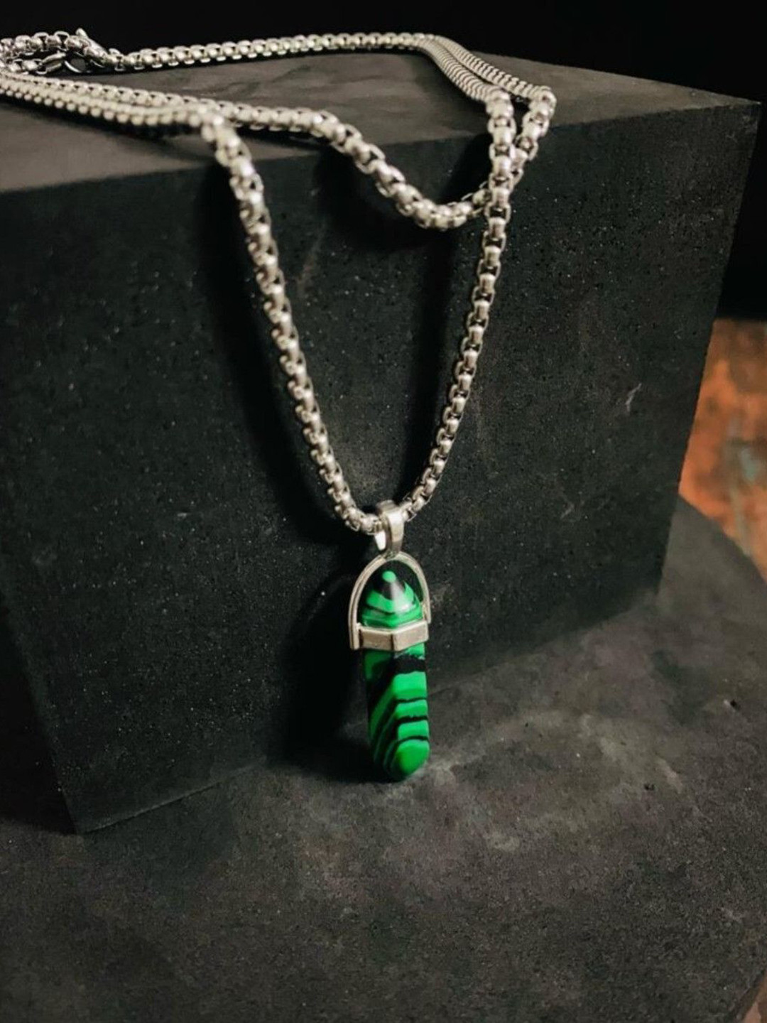 THE MEN THING Unisex Silver-Plated Stones Studded Pendants With Chains