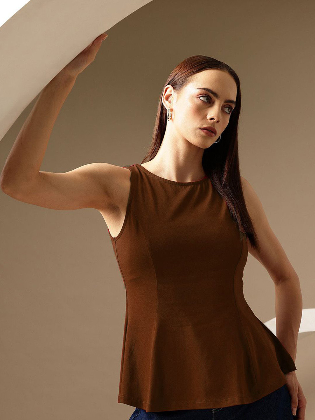 Chemistry Women Cotton Solid Boat Neck Peplum Top