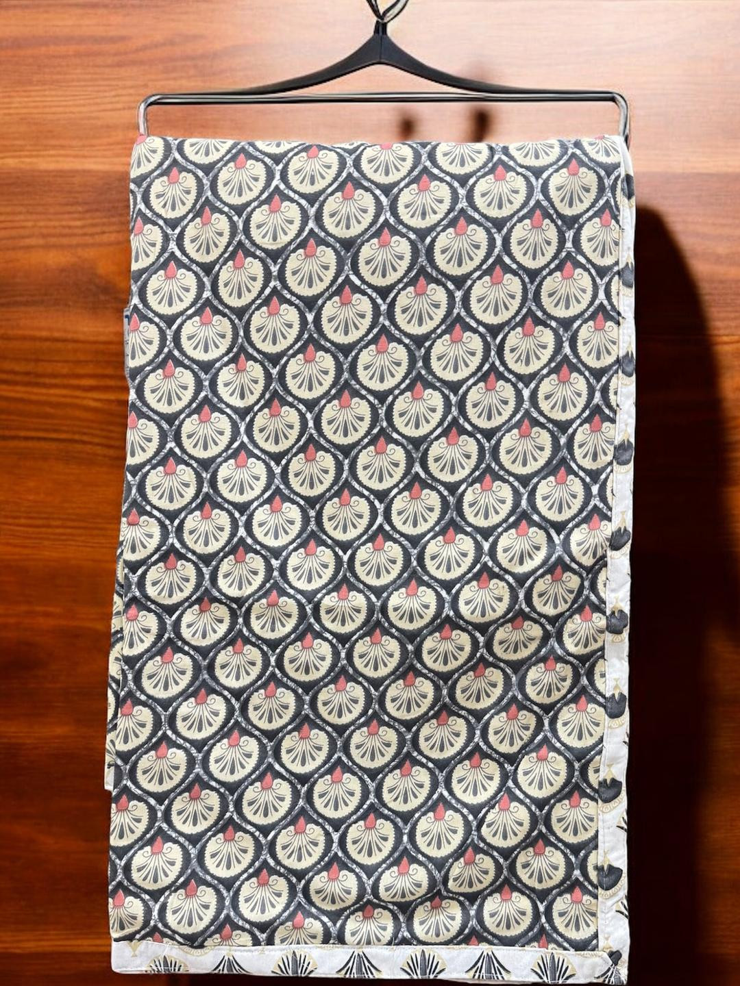 Cotton Reversible Dohar Set, 90x60 Inches, Art Deco Floral & Geometric Fan Pattern, Black-Cream-Gold, Pack of 2