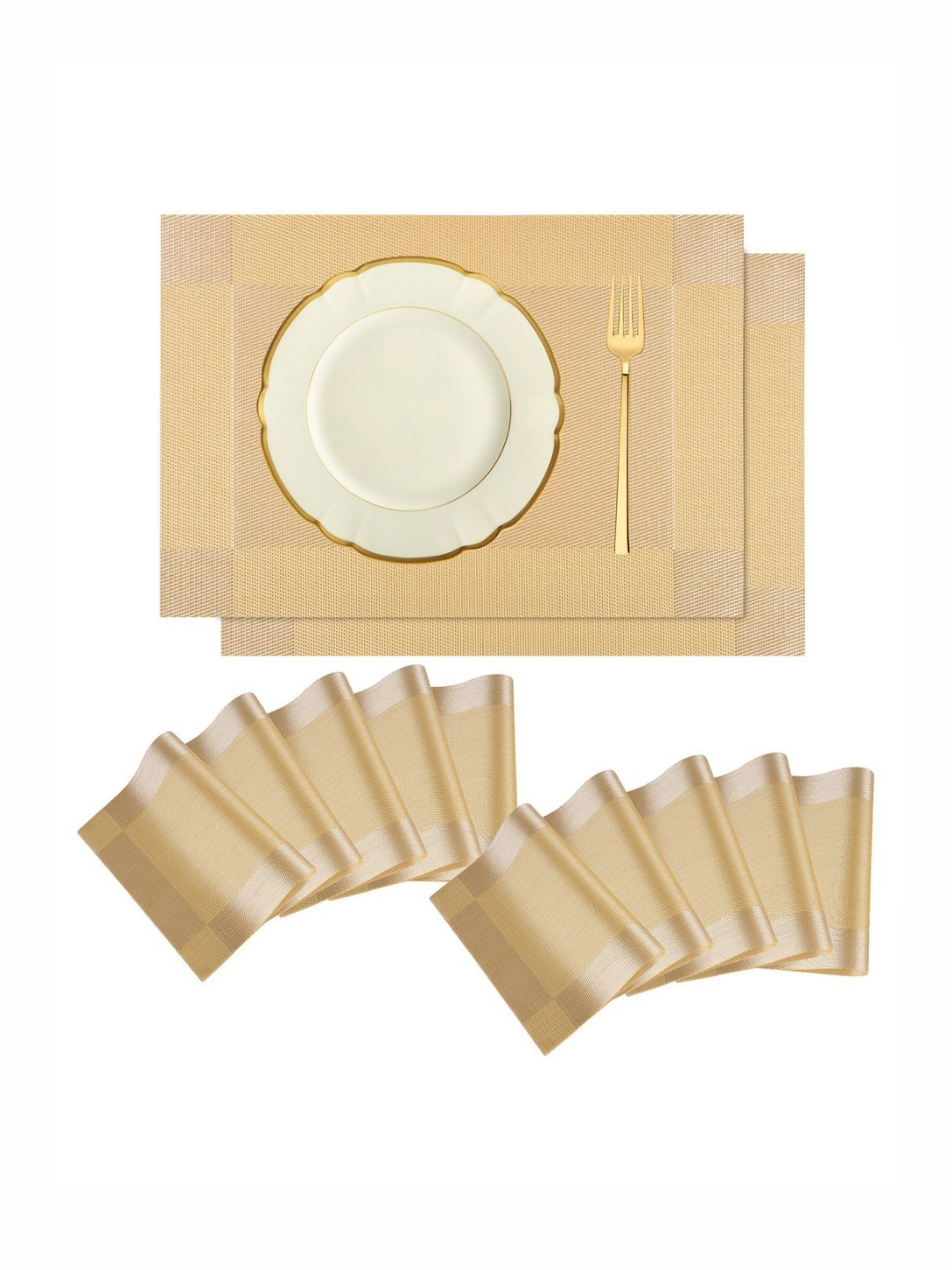 Aura Beige12 Pieces Border Chatai-Patterned Heat-Resistant Rectangular Table Placemats