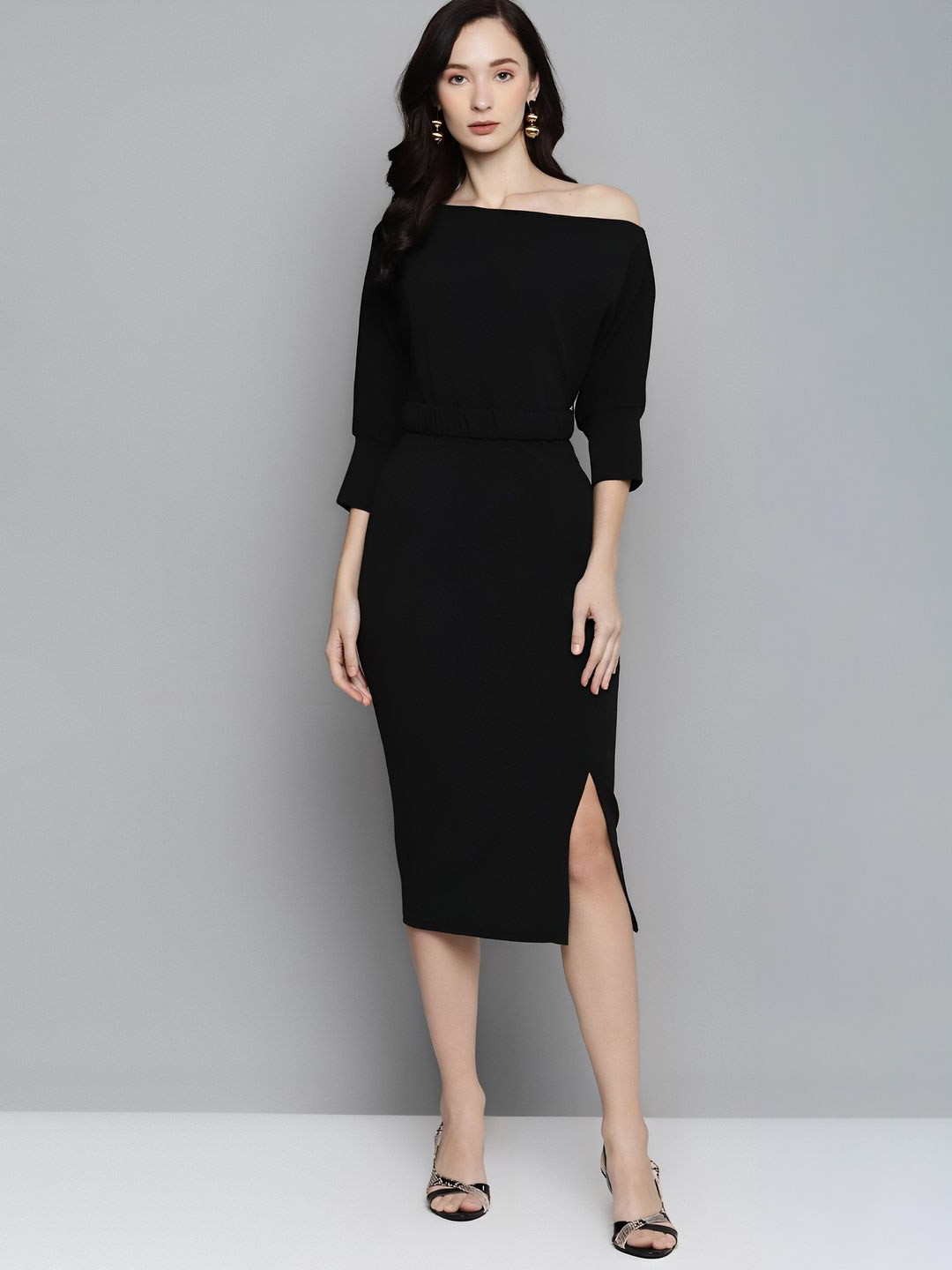 Mast & Harbour Asymmetric Neck Cuffed Sleeve Slit Sheath Midi Dress
