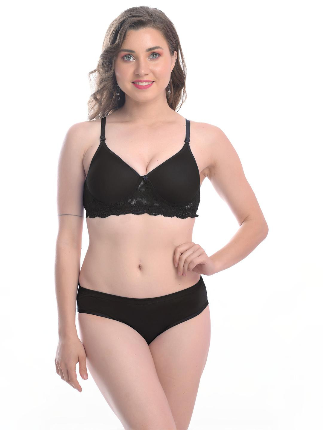 Women Black Cotton Blend Bra Panty Set for Lingerie Set Undergarments Pack of 1