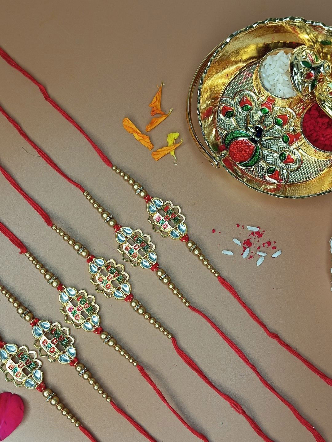 Anouk Set Of 24 Stones Studded Love U Bro Rakhi with Card & Roli Rice Pooja Thali