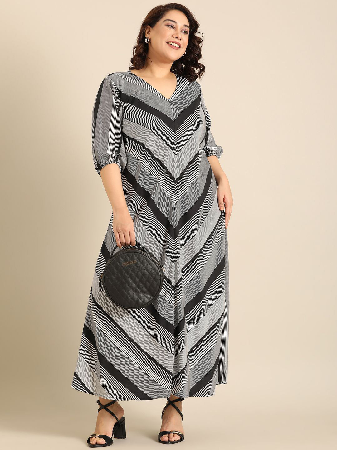 The Pink Moon Women Black and White Bias Stripe A-line Maxi Dress
