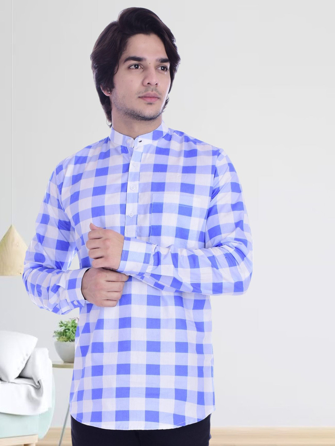 BASE 41 Men Checked Thread Work Kurta