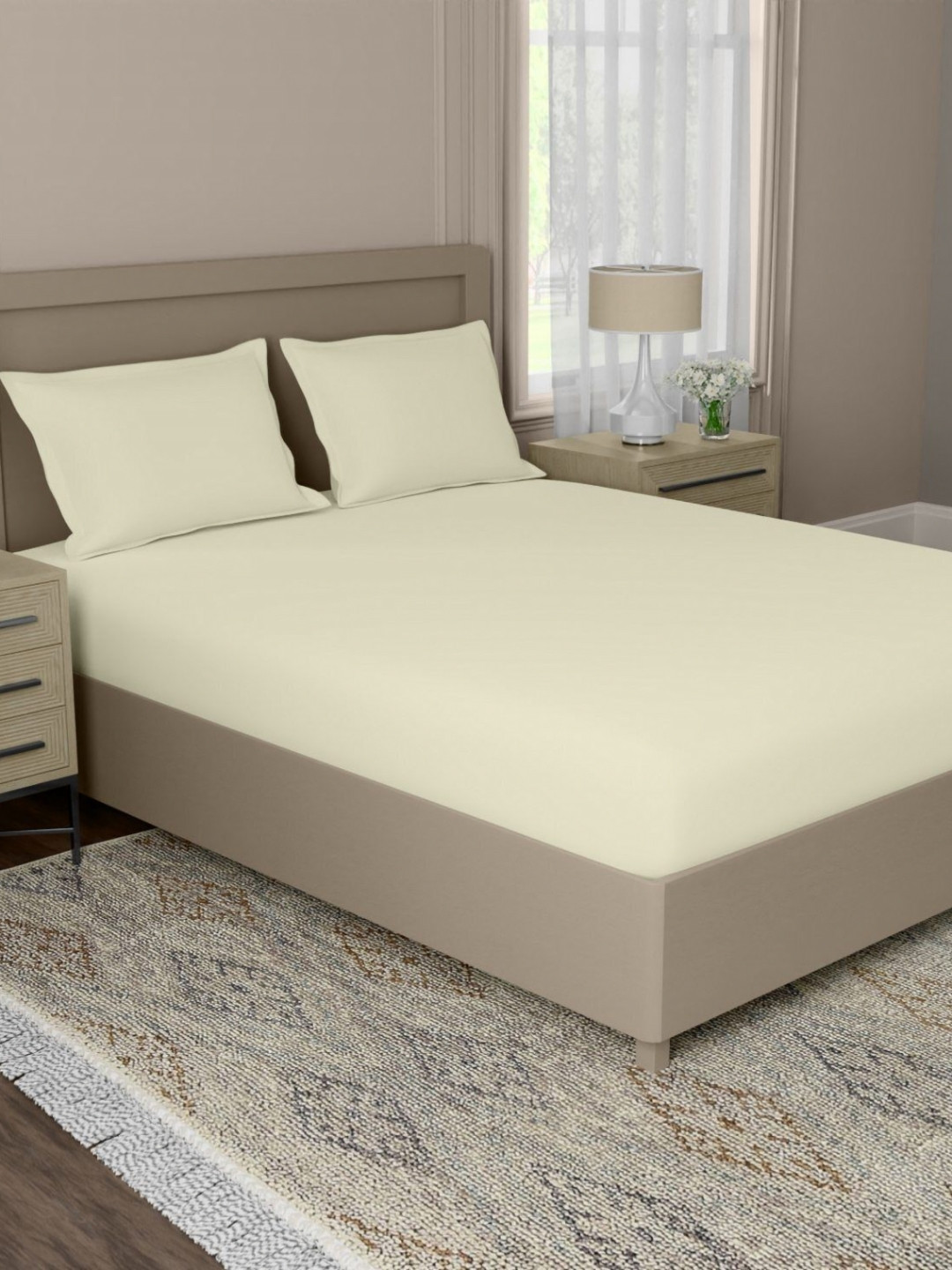 home expressions Cream-Coloured 500 TC Cotton Single Bedsheet Set -1.3716m X 2.2352m