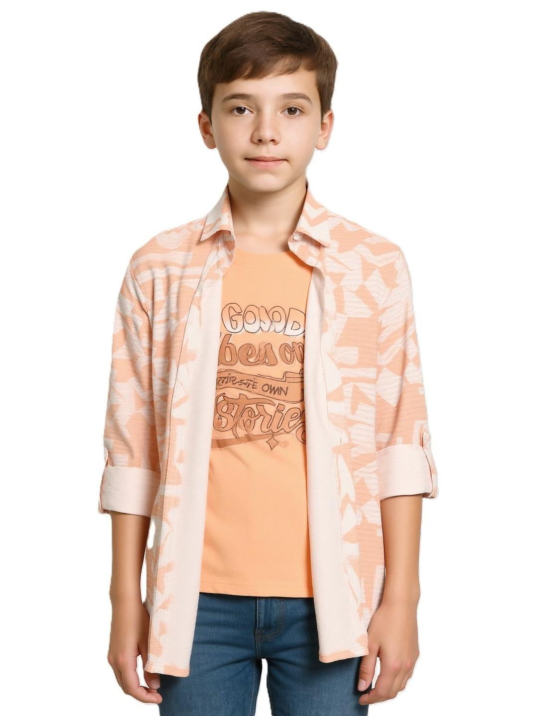 CAVIO Boys Peach Full Sleeve Colorblocked Shirt with T-shirt