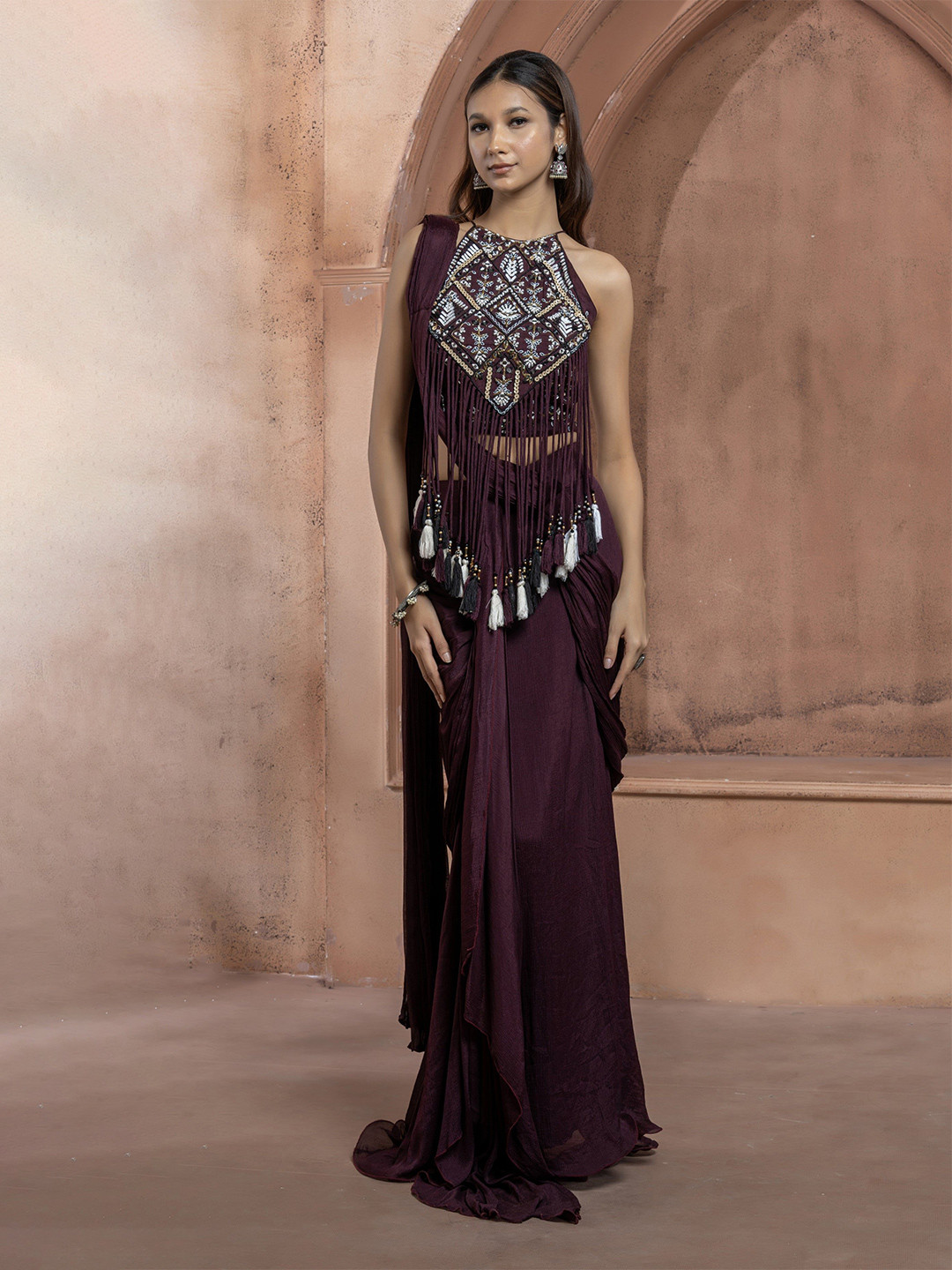GloballyRonakRBafna Pure Chiffon Fringe Ready to Wear Saree