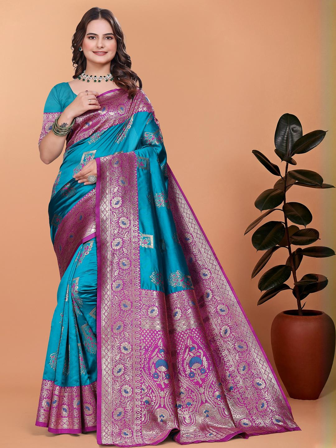VS MALL Blue Art Silk Sarees