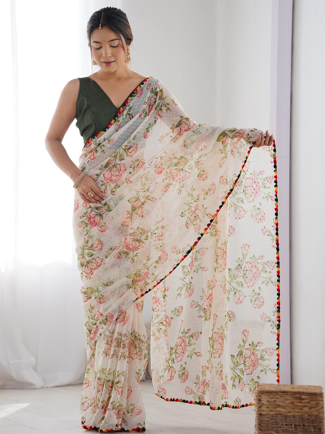 CaniBani White Poly Georgette Sarees