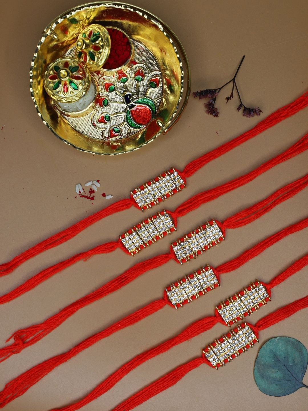 Anouk Set of 6 Stone Rakhi With Card, Kumkum & Thali