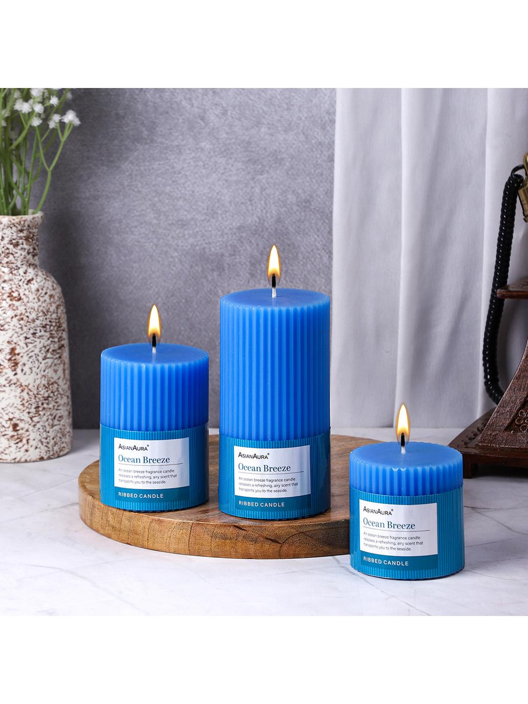 Asian Aura Ribbed Home dcor 3Pcs Ocean Breeze Solid Geometric Regular Pillar Candles