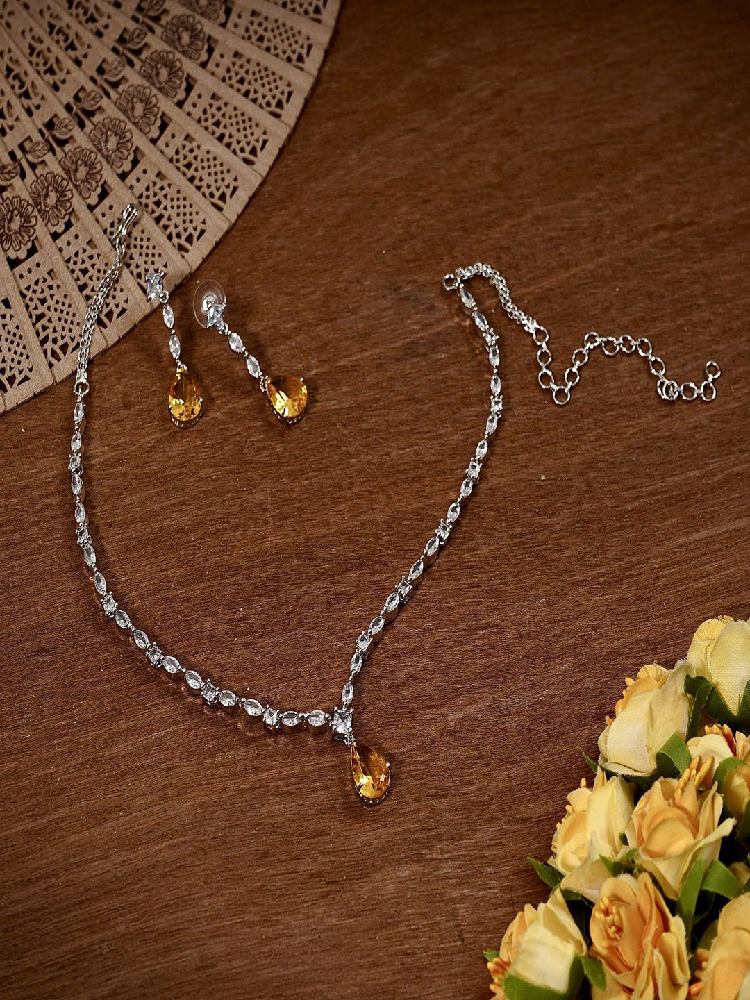 Gemron Jewel Rhodium-Plated American Diamond Studded Necklace With Earrings Jewellery Set