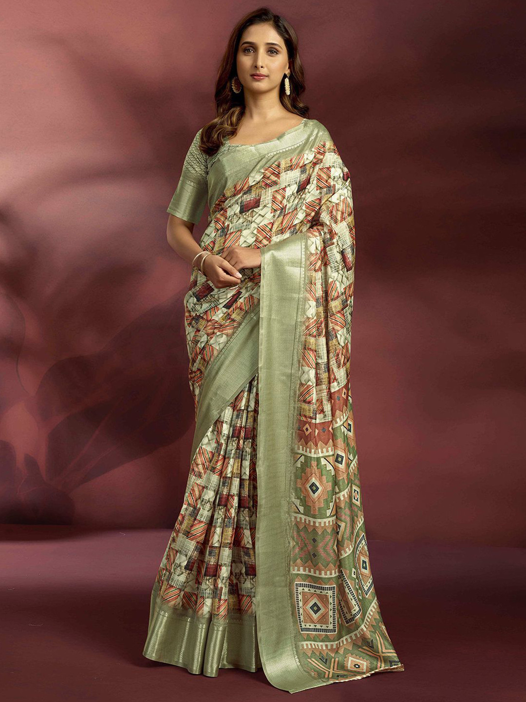 Mitera Abstract Printed Zari Border Ready to Wear Saree