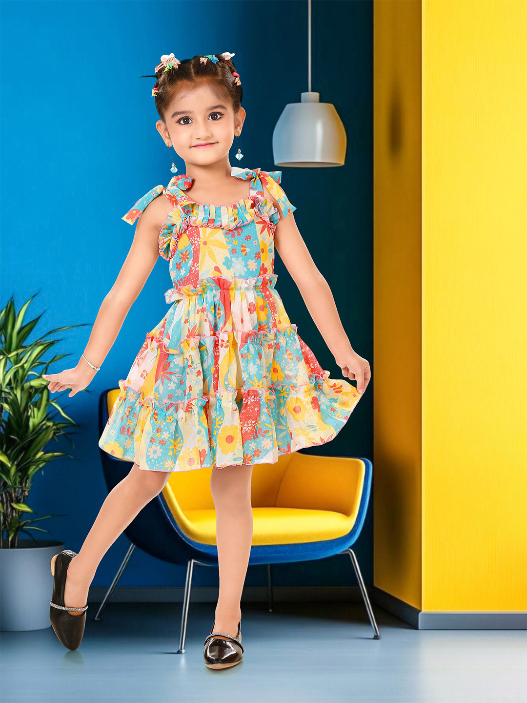 KAARIGARI Girls Floral Print Gathered or Pleated Georgette Fit & Flare Midi Dress
