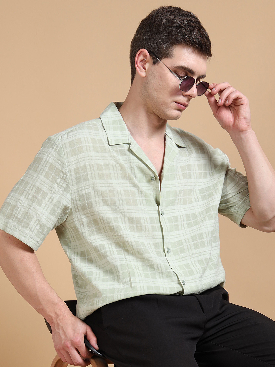 StitchX Men Short Sleeve Textured Cuban Collar Shirt