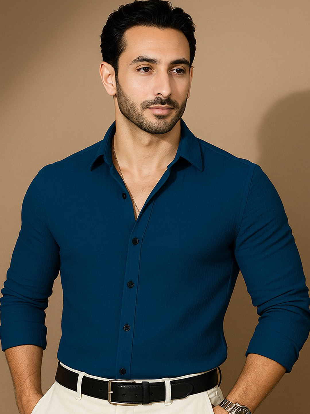 MARMIC FAB Men Self Design Classic Slim Fit Spread Collar Formal Shirt
