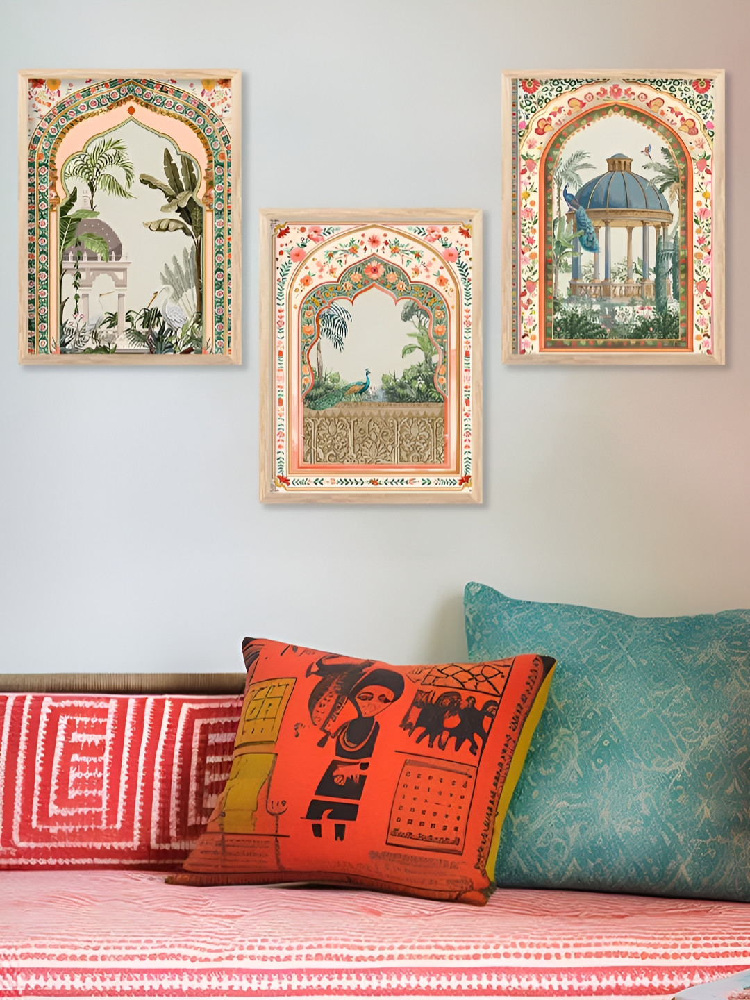 Kotart Brown & Orange 3 Pieces Wooden Floral Tradiional Painting Wall Arts