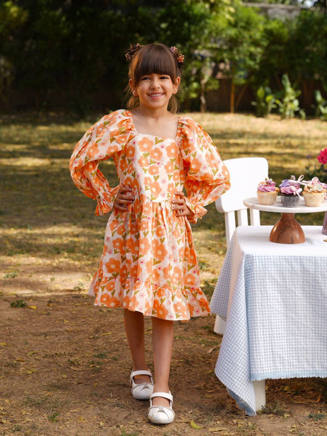 Cutie Patuti Girls Floral Printed Square Neck Puff Sleeves Cotton Corset Dress