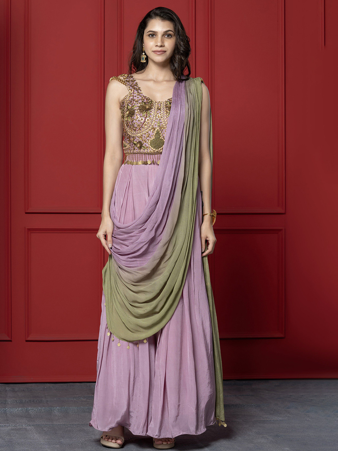 GloballyRonakRBafna Shaded Palazzo Drape Chiffon Ready to Wear Saree