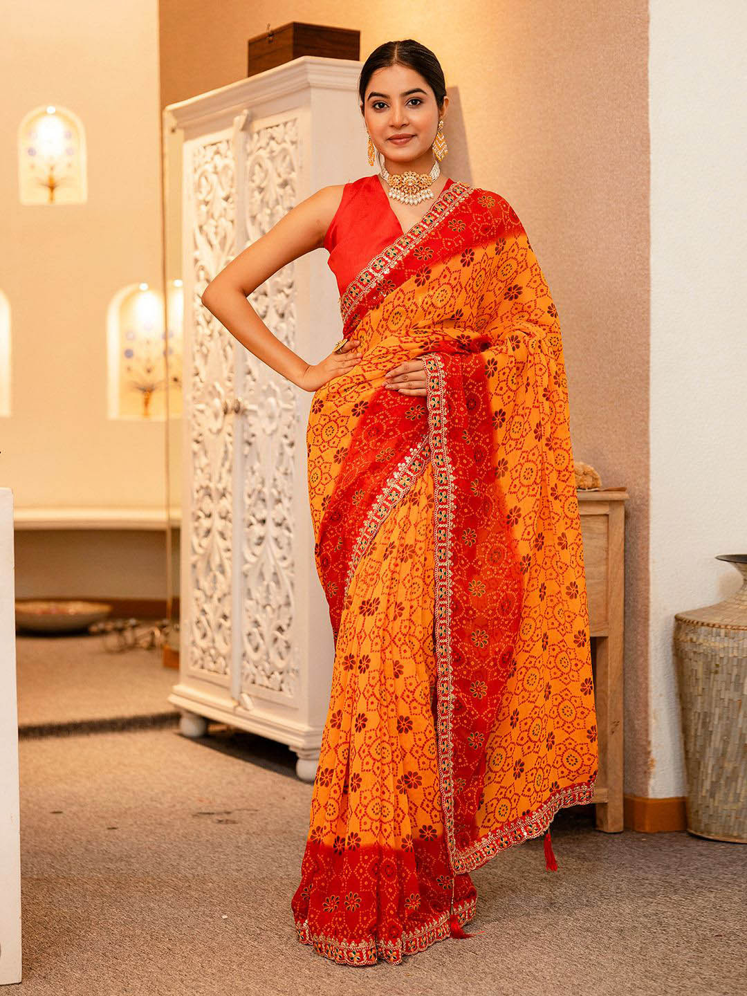 Satrani Bandhani Printed Sequinned Saree With Unstiched Blouse Piece