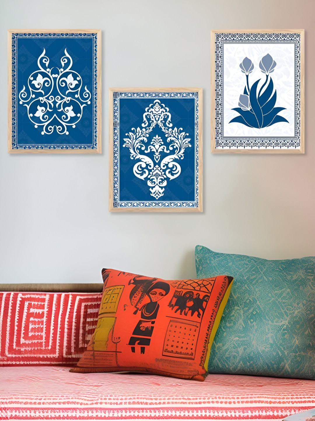 Kotart Brown & Blue 3 Pieces Wooden Floral Modern Painting Wall Arts