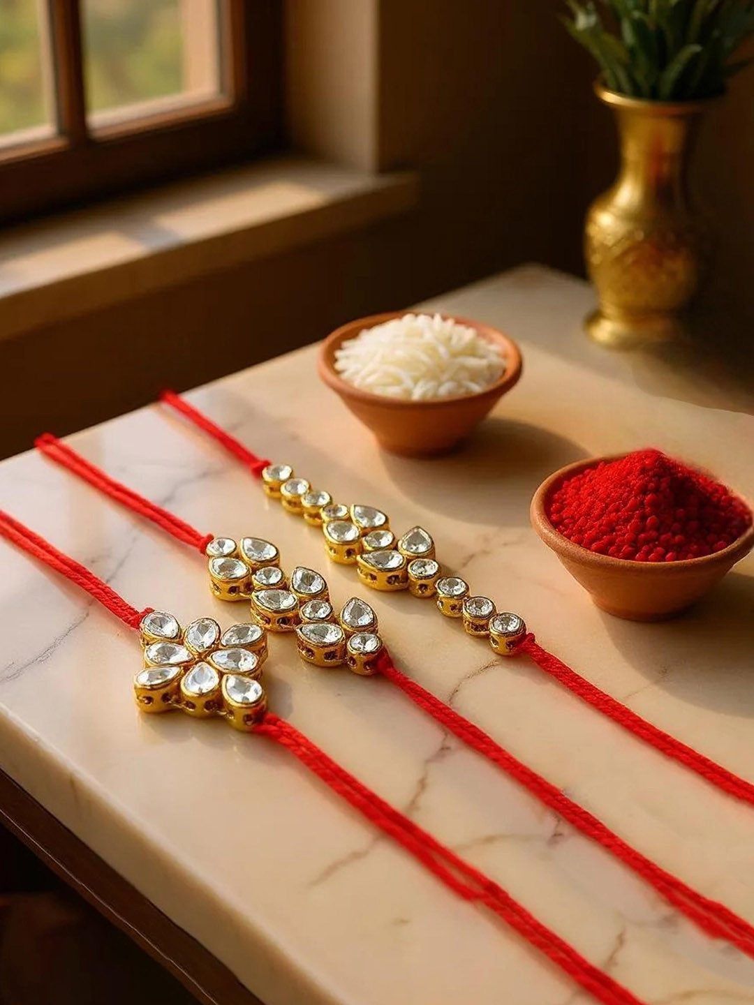 LUCKY JEWELLERY Set Of 3 Gold-Plated Rakhi With Roli Rice & Greeting Card