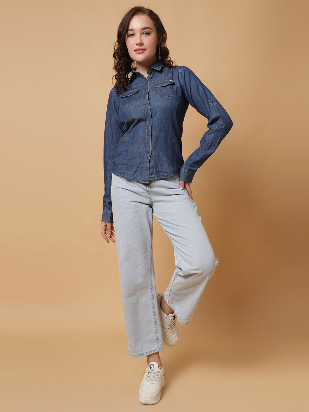 God's Club Women Spread Collar Denim Casual Shirt