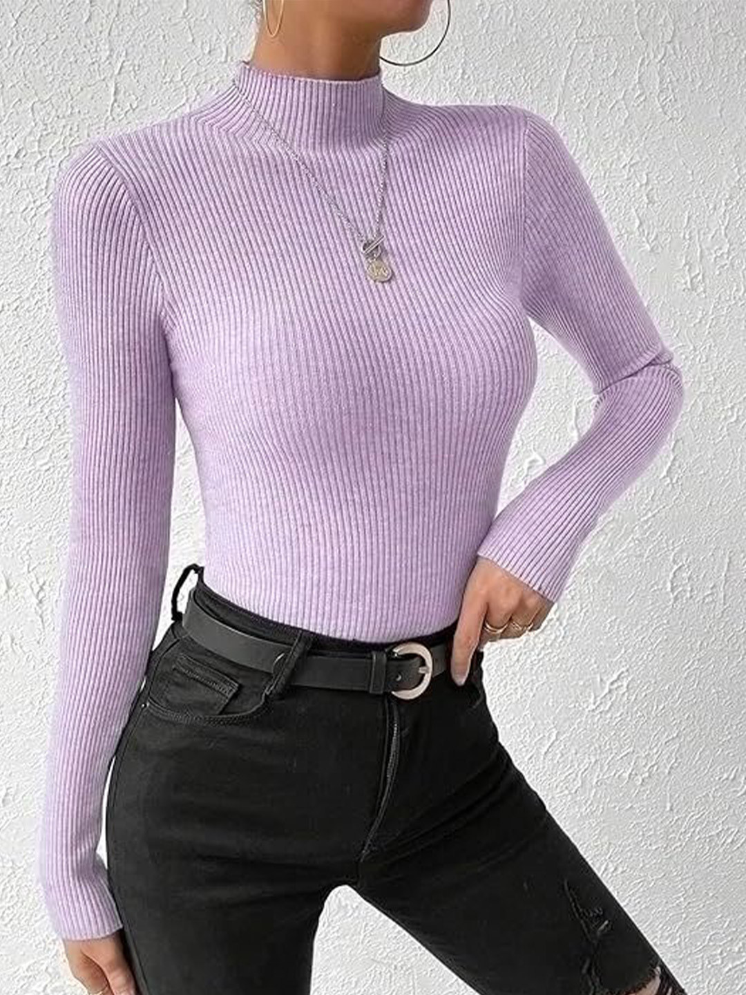 ZEROZABAR Women High Neck Ribbed Long Sleeves Top