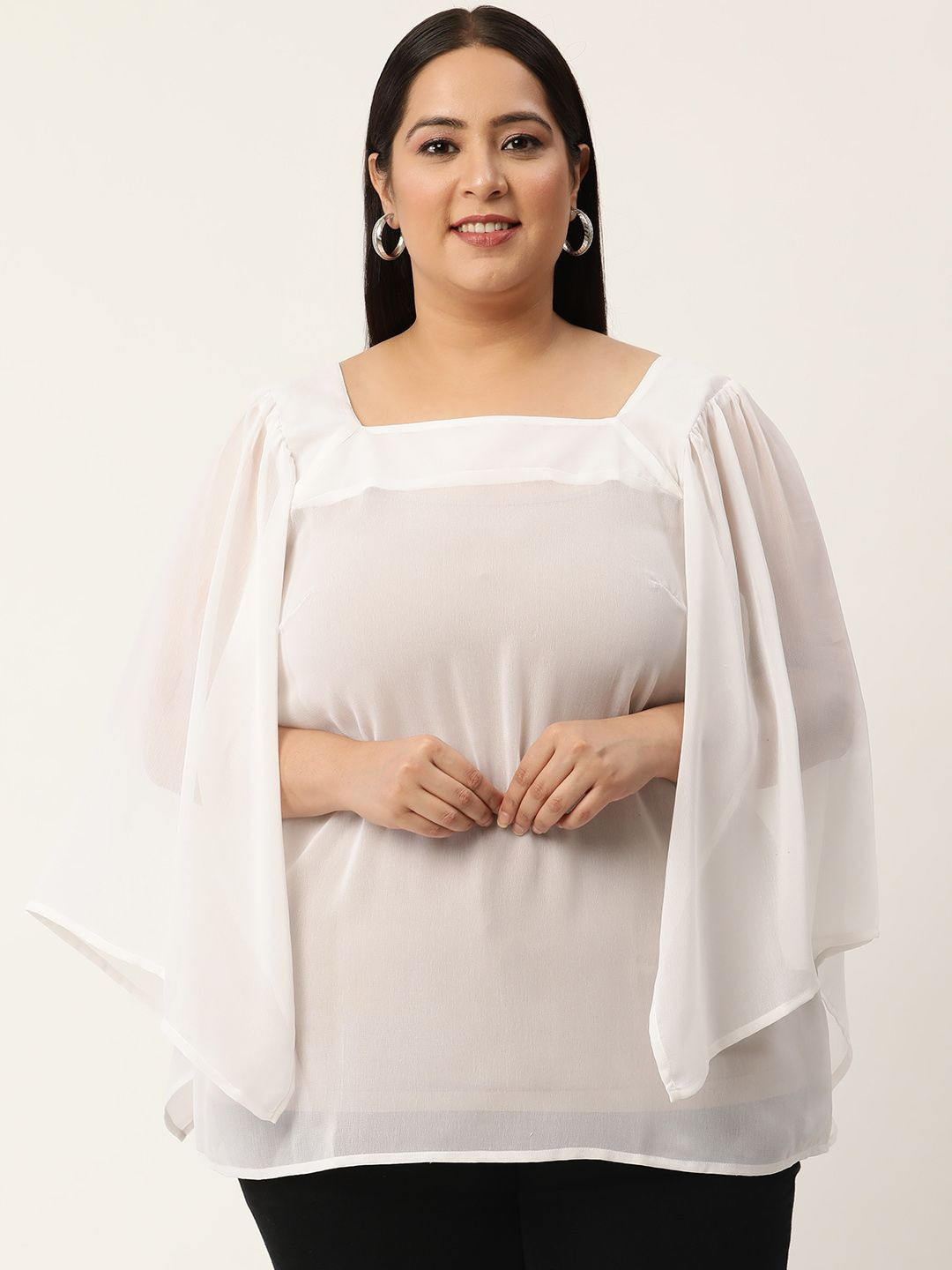 theRebelinme Women Plus Size Regular Square Neck Slit Sleeves Top