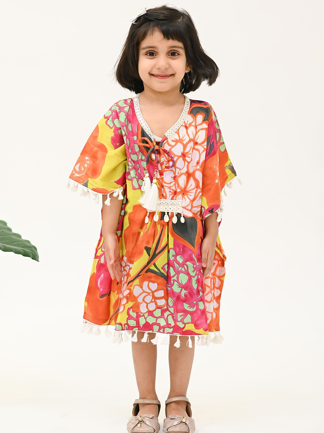 Peekaaboo Kids Girls Conversational Printed Embroidered Cotton Kaftan Dress