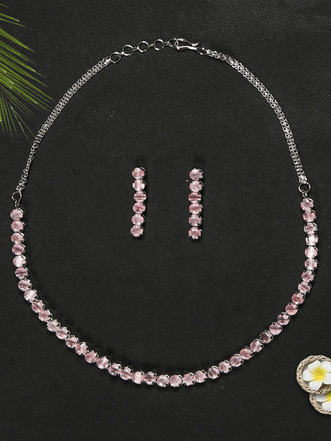 Gemron Jewel Rhodium-Plated Pink Cubic Zirconia Studded Necklace with Drop Earrings