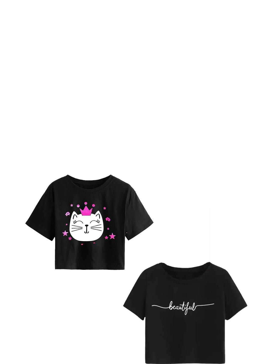 Girls Casual Cotton Blend Crop Top (Black, Pack of 2)