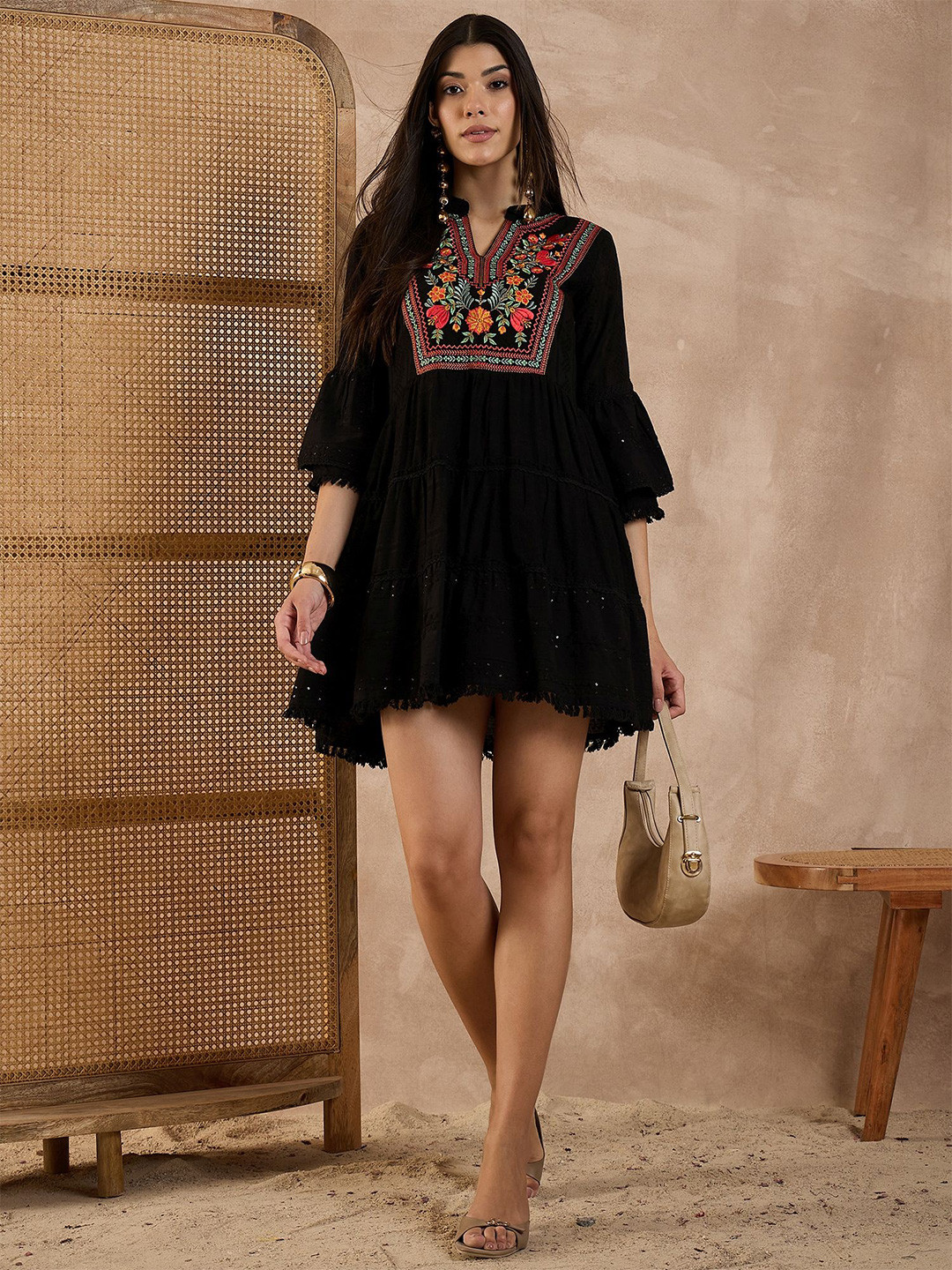 CHETI Women Floral Embroidered Mandarin Collar Organic Cotton Fit & Flare Mini Dobby Dress