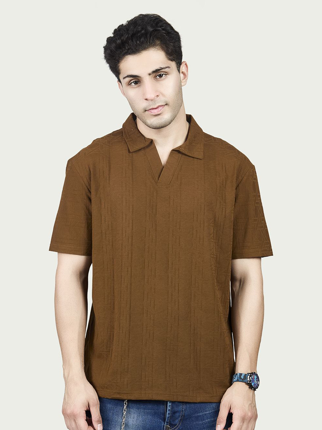BE POSITIVE Men Self Design Regular Fit Half Sleeve Polo Neck Jacquard T-Shirt