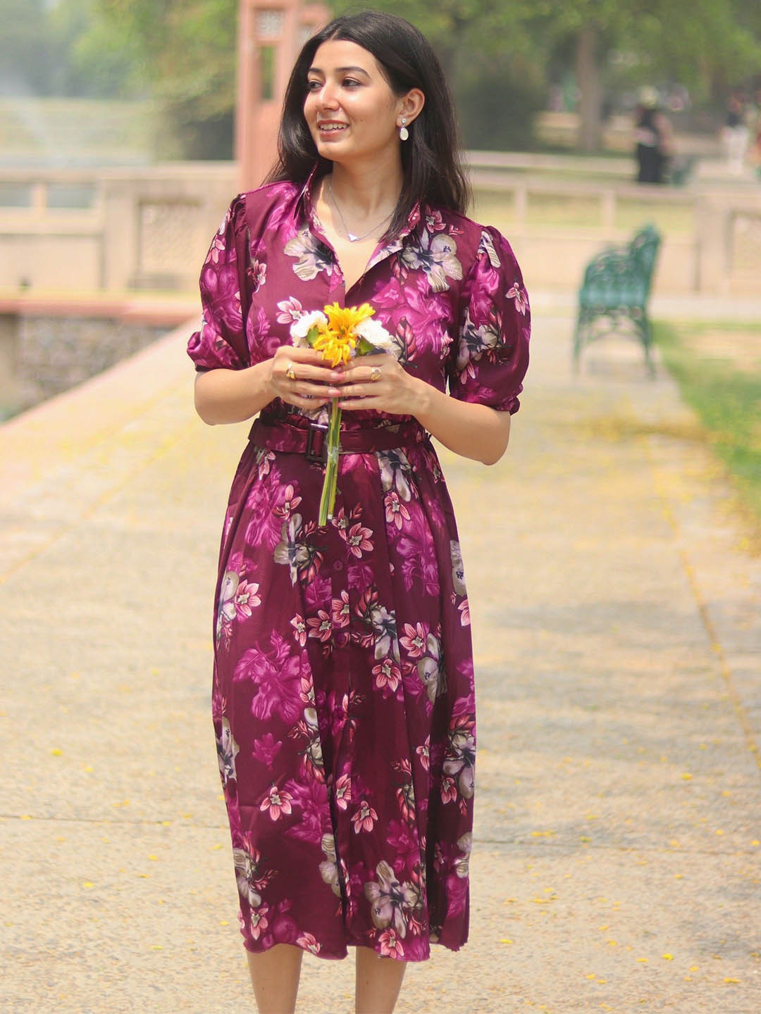 DressBerry sumemr floral Women Floral Printed Crepe Shirt Midi Dress with Belt