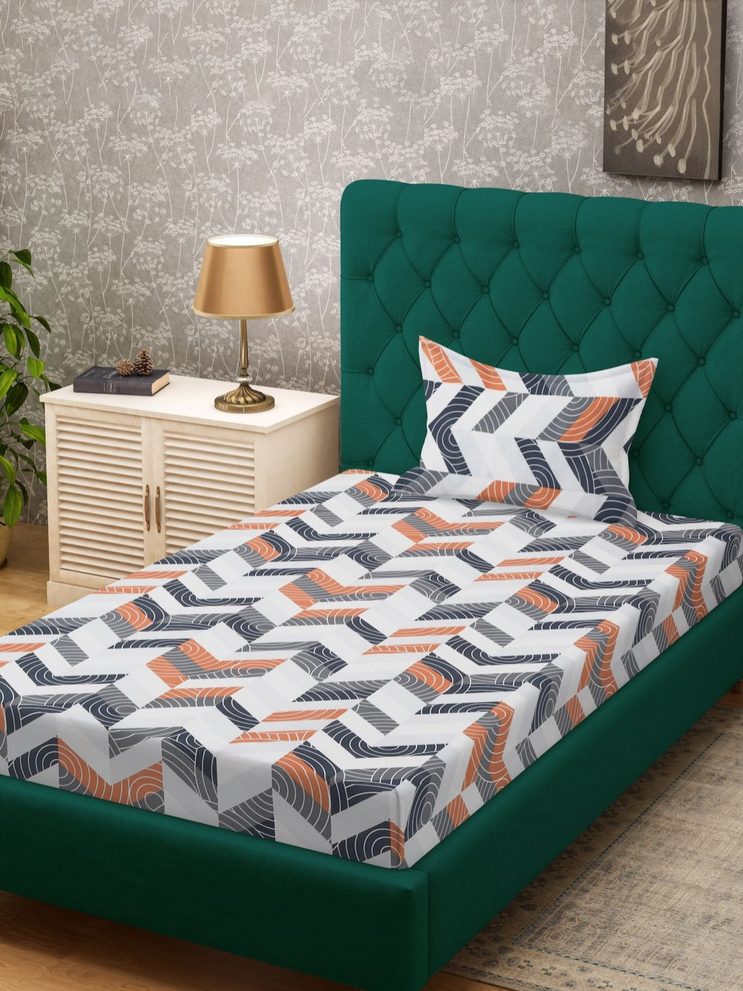 HOSTA HOMES White & Black Geometric 300 TC Cotton Single Bedsheet Set -1.3716m X 2.2352m