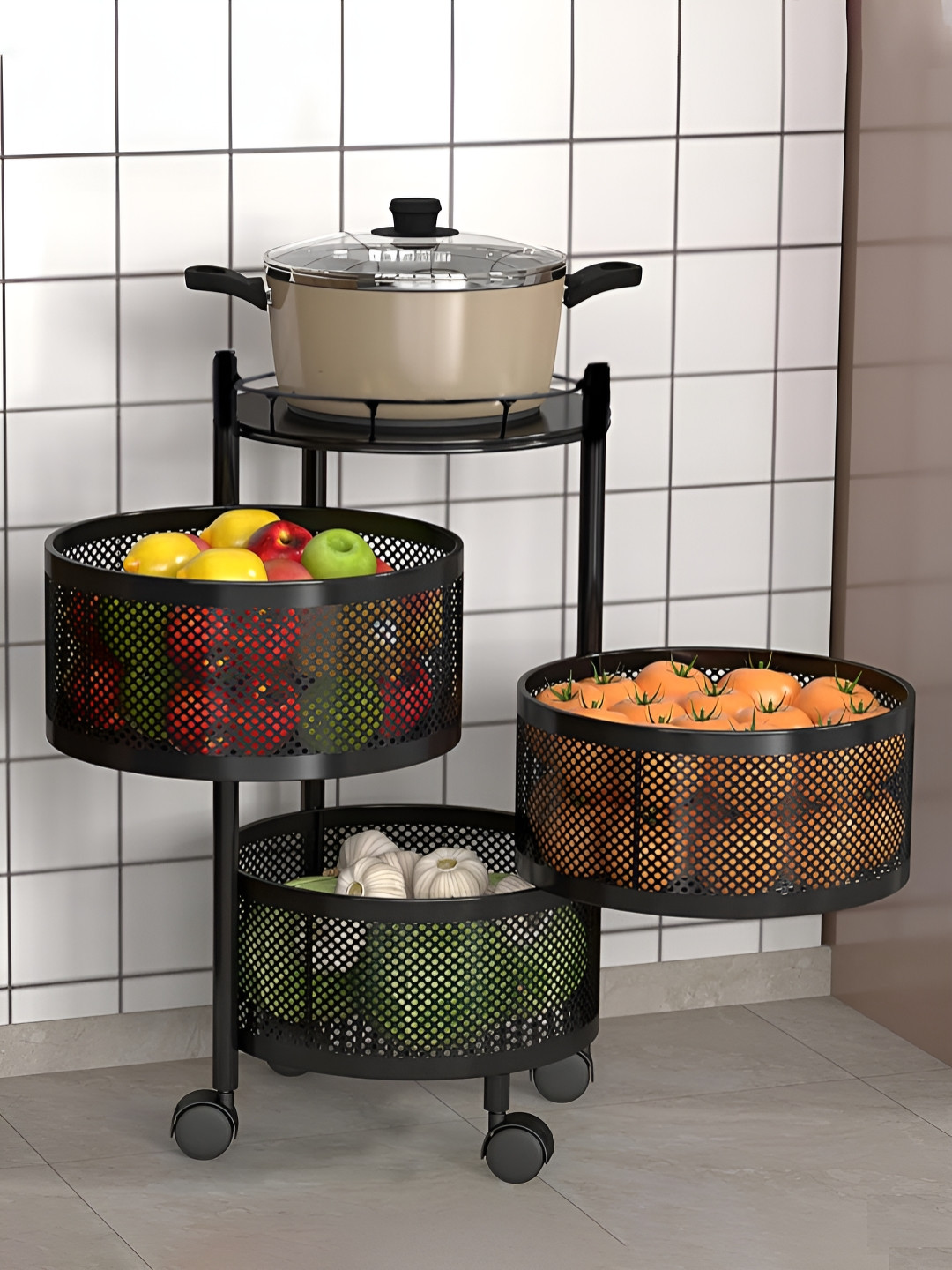 Aura Black 2 Pieces Rotating 3-Layer Multipurpose Storage Rack Trolleys with Wheels