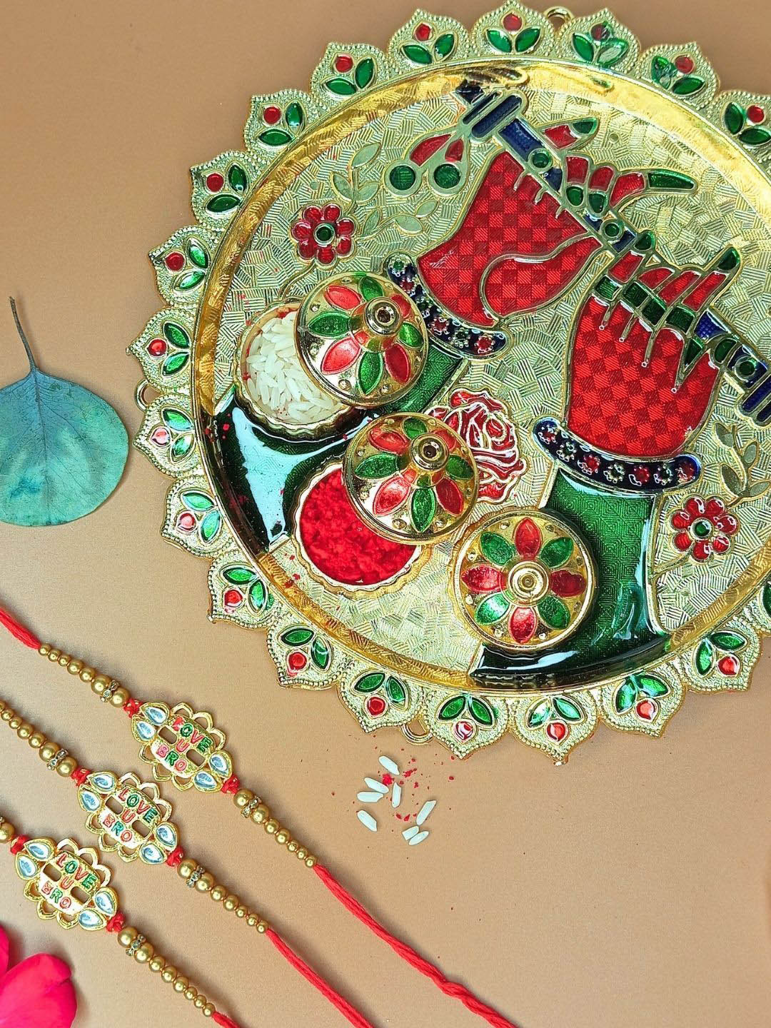 Anouk Set of 3 Love U Bro Design Rakhis With Thali Greeting Card & Roli Chawal