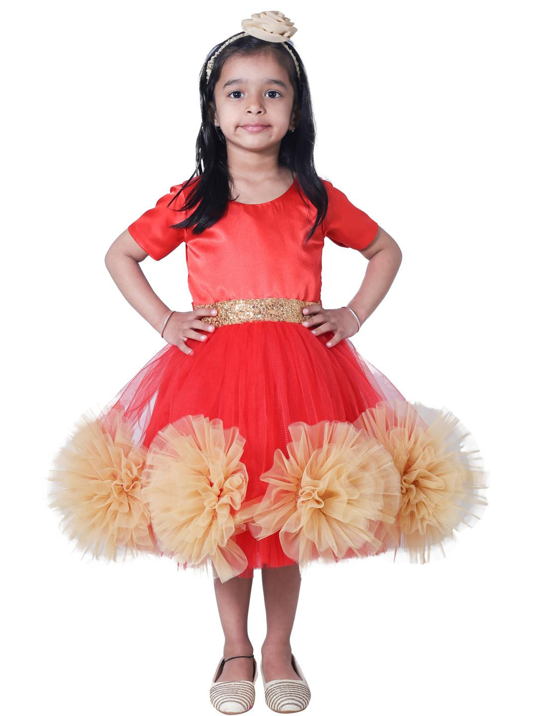 Shahina Fashion Girls Self Design Ruffled With Sequin Detail Fit & Flare Dress