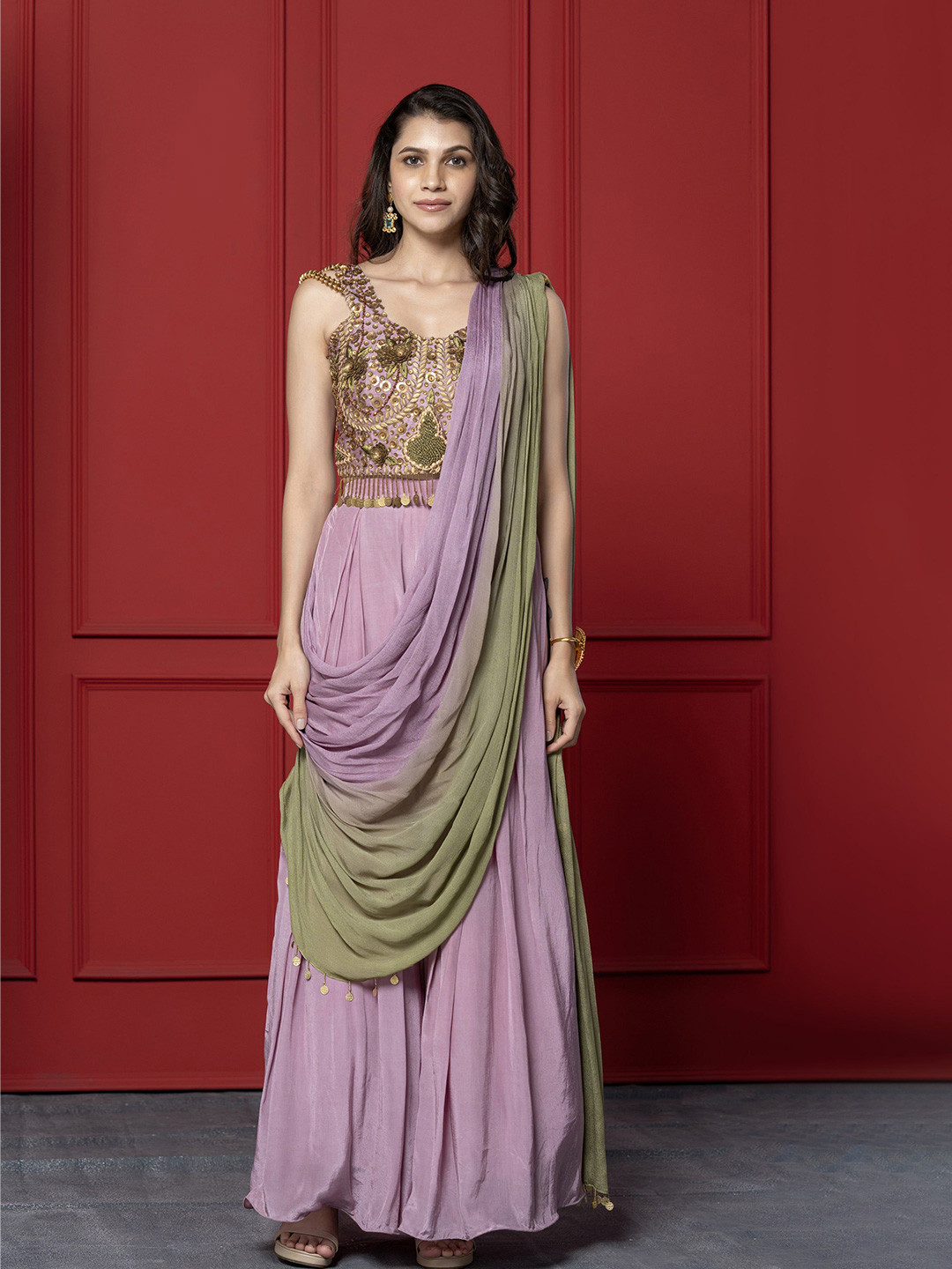 GloballyRonakRBafna Women Colourblocked Pure Chiffon Palazzo Saree