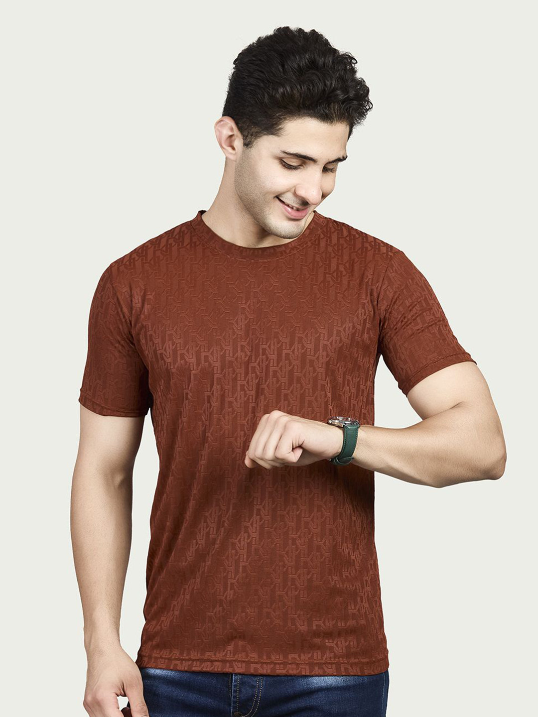 BE POSITIVE Men Self Design Applique T-Shirt
