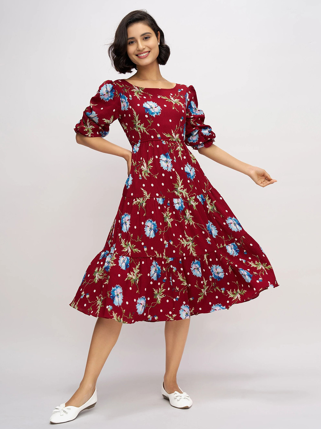 DressBerry sumemr floral Women Floral Printed Tiered Crepe Fit & Flare Midi Dress