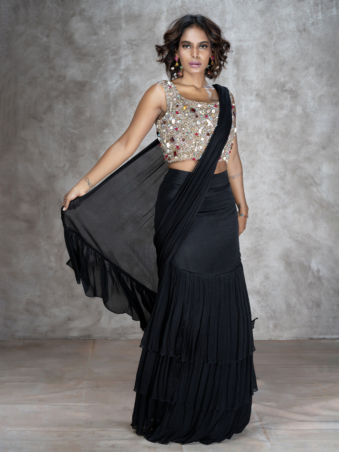 GloballyRonakRBafna Pure Chiffon Ready to Wear Ruffled Khichadi Saree with Stitched Blouse
