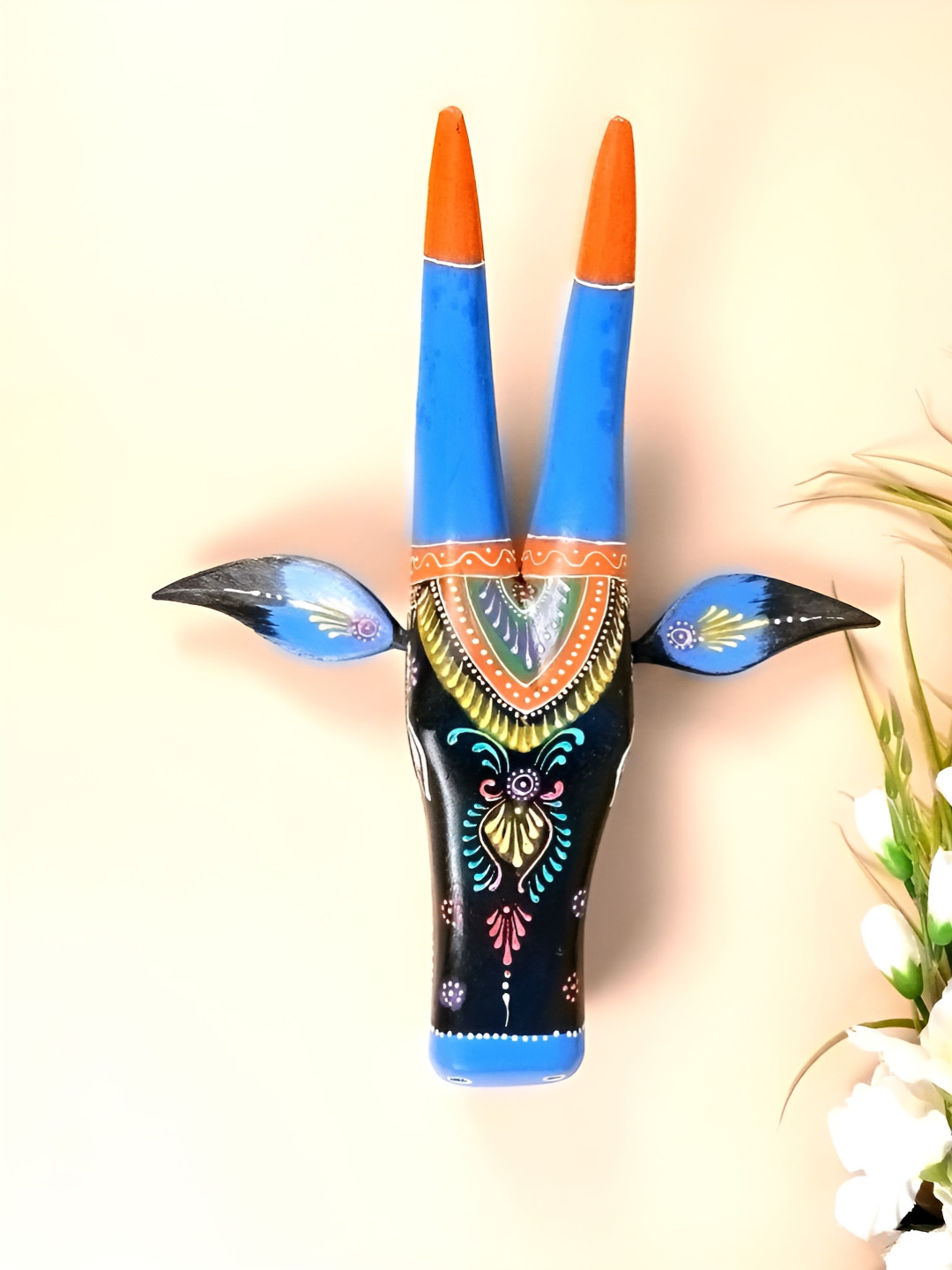 apka mart Nandi Bull Head Wood Ethnic Motifs Glossy Hanging Hall Wall Masks-16.1In