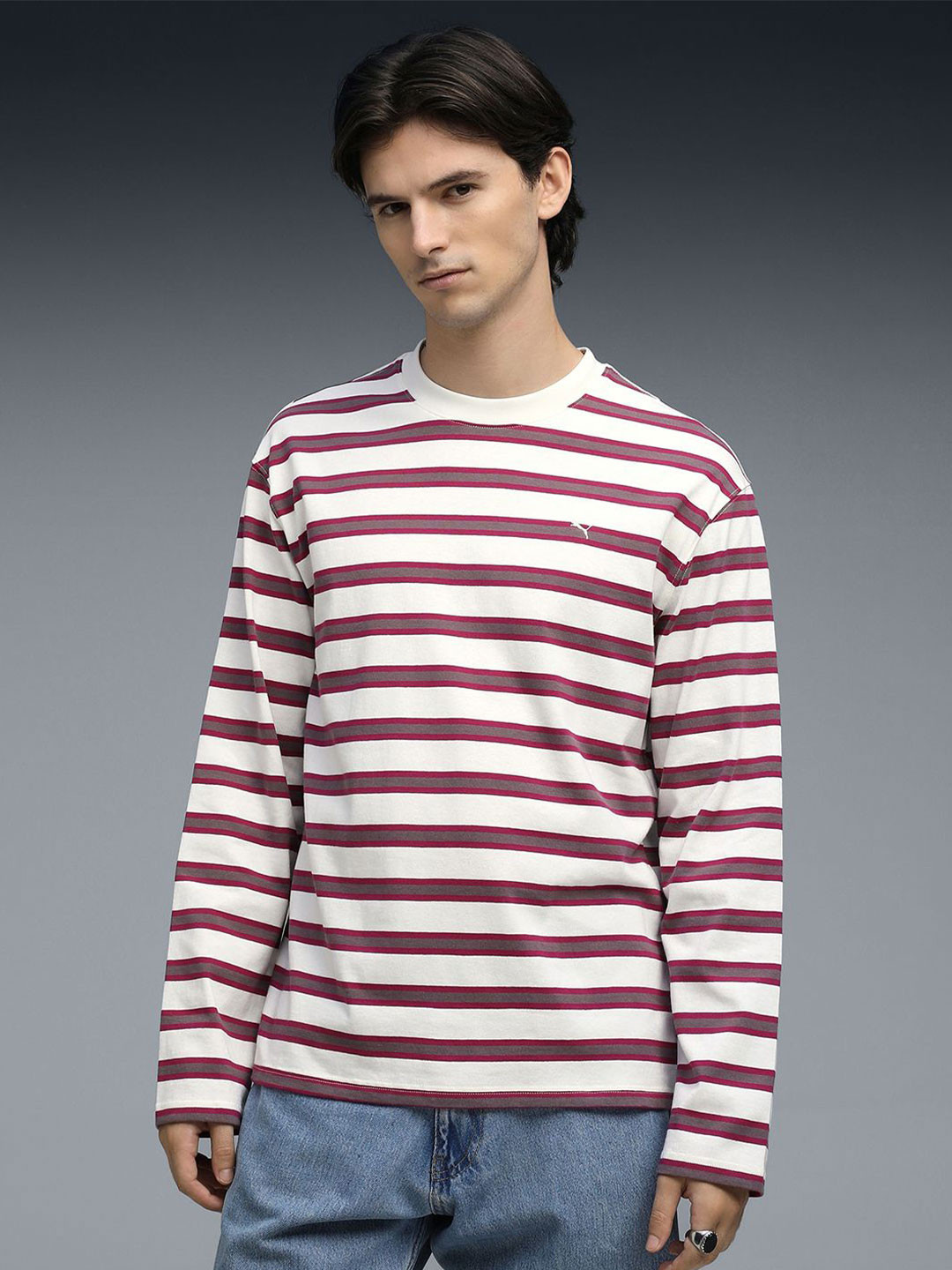Puma Men Mmq Striped Pure Cotton Relaxed Fit Long Sleeve Jersey T-shirt