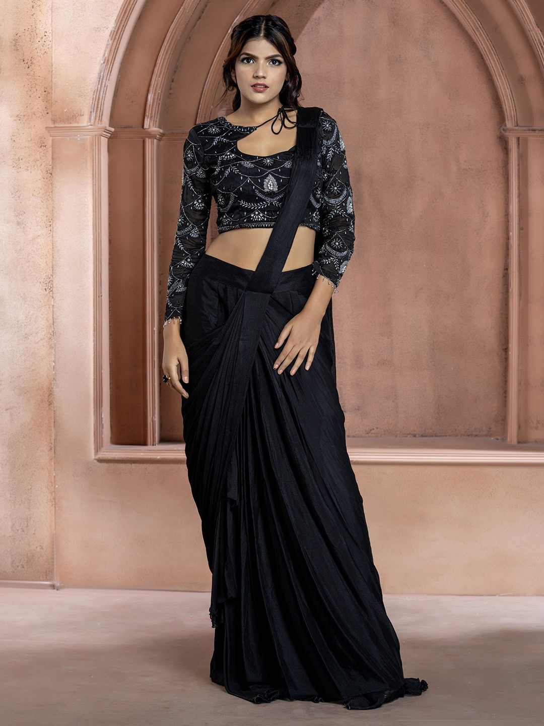 GloballyRonakRBafna Pure Chiffon Ready to Wear Saree with Stitch Blouse