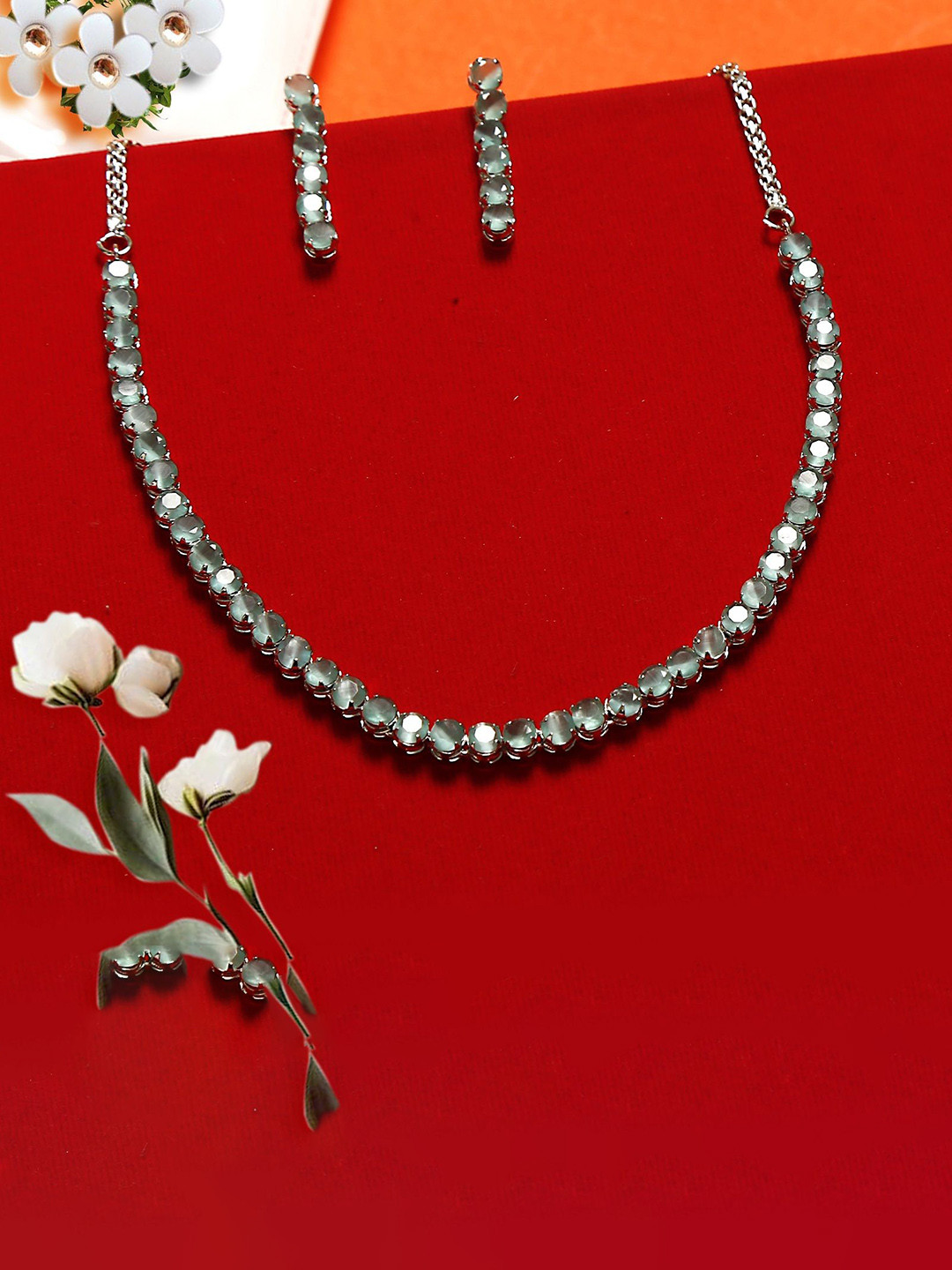 Gemron Jewel Rhodium-Plated Zirconia & American Diamond Necklace & Earrings Jewellery Set