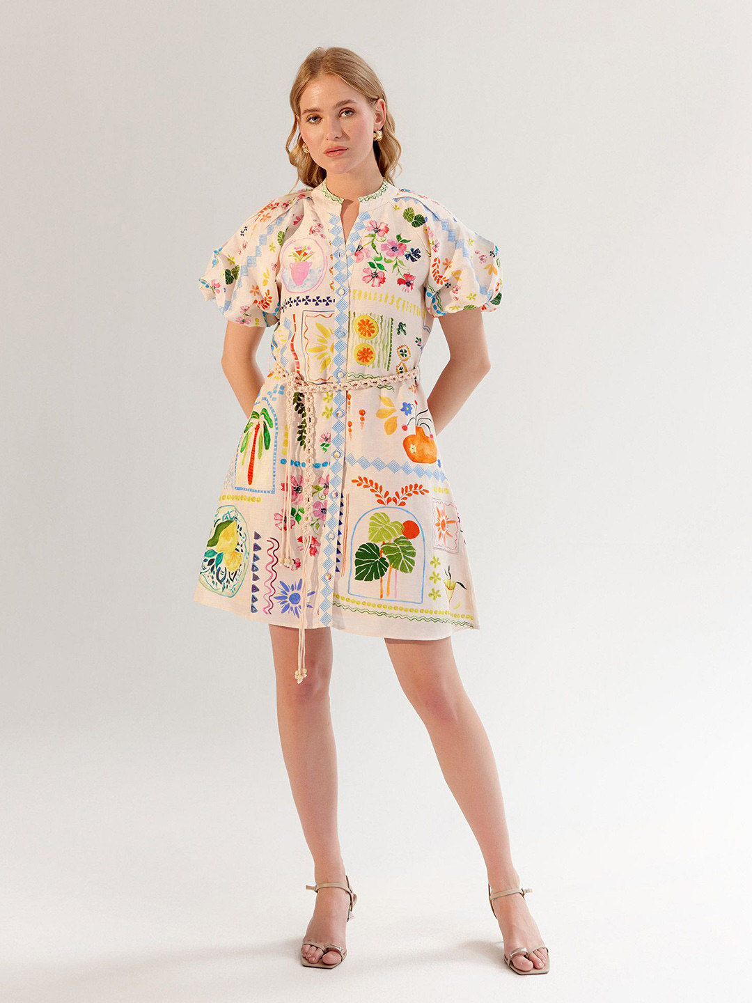 NOIB Florence Mini - Postcard Women Graphic Printed A-Line Mini Dress with Belt