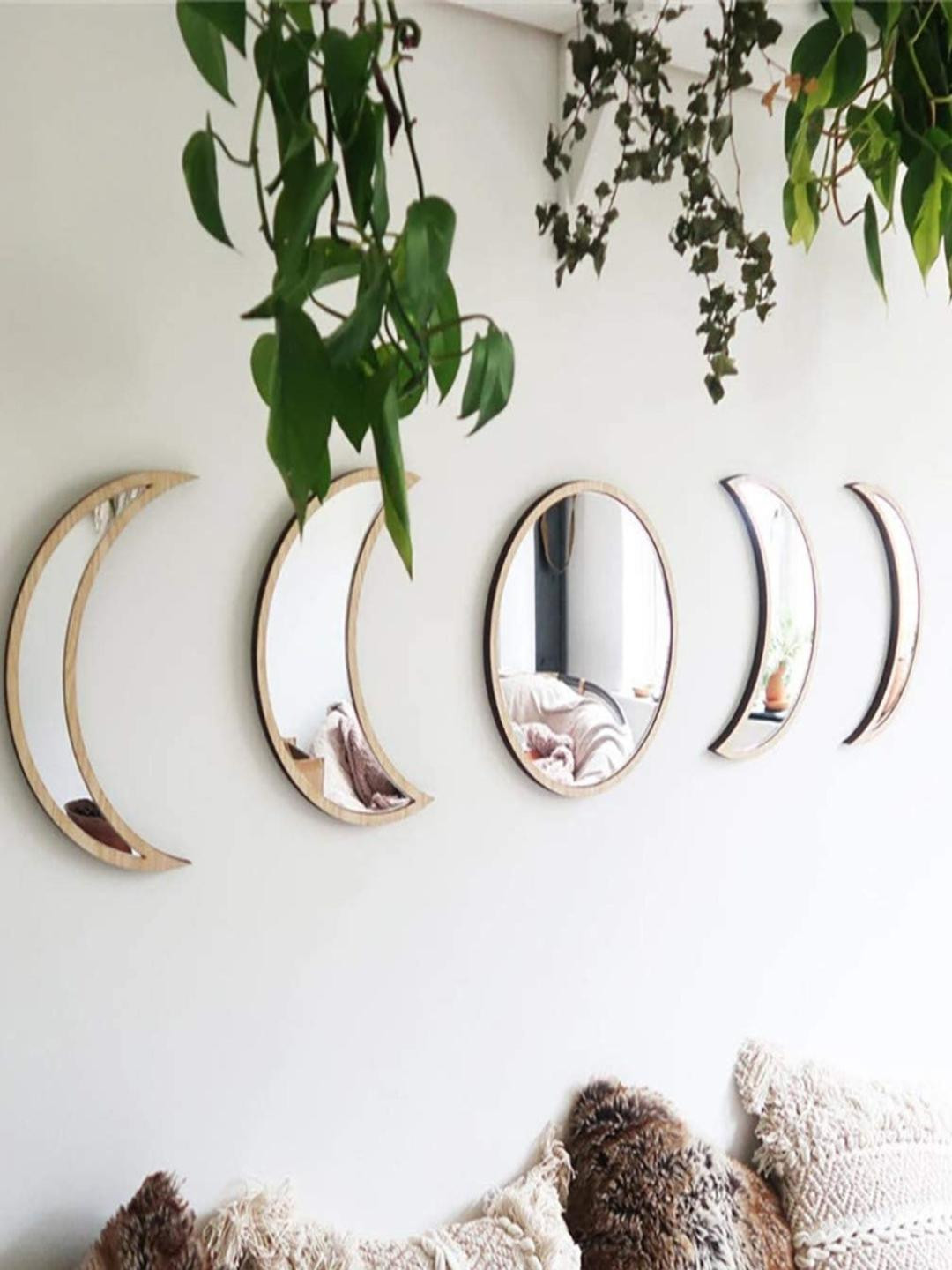 GloShvi Moon Phase Wood Bohemian Matte Sticking Hall 5Pcs Spiritual Wall Decor-11.5In
